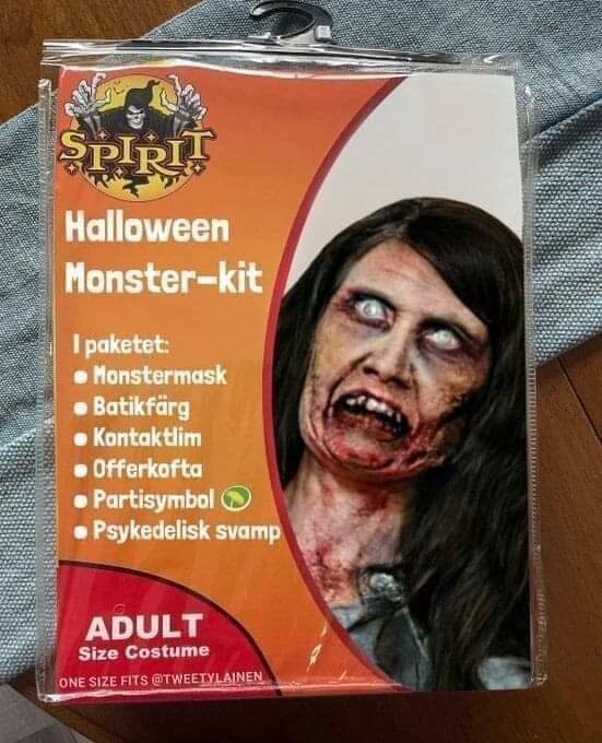 Ett halloween "Monster-kit" förklädnadspaket med mask och tillbehör.