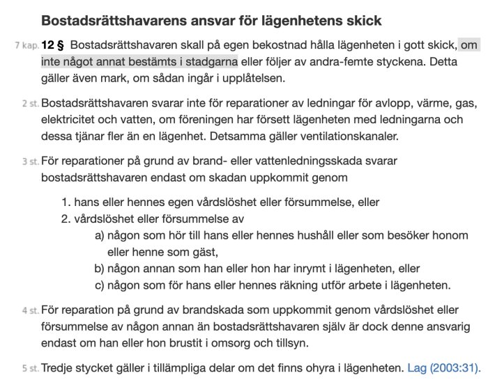 Svensk text om bostadsrättshavares ansvar för skick på lägenhet enligt lag.