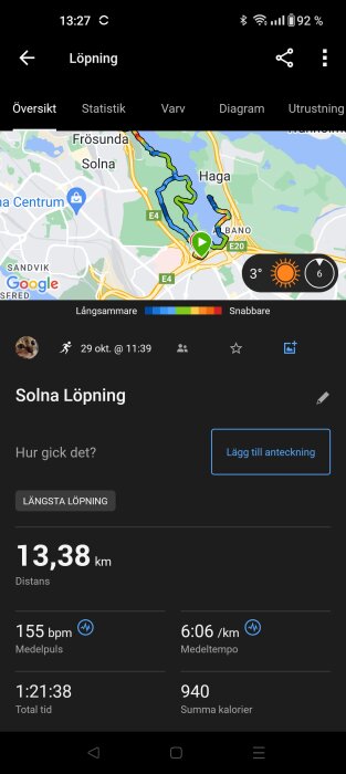 Skärmdump av löparapp med karta, distans 13,38 km, puls, tempo, tid, kaloriförbrukning, datum och väder.