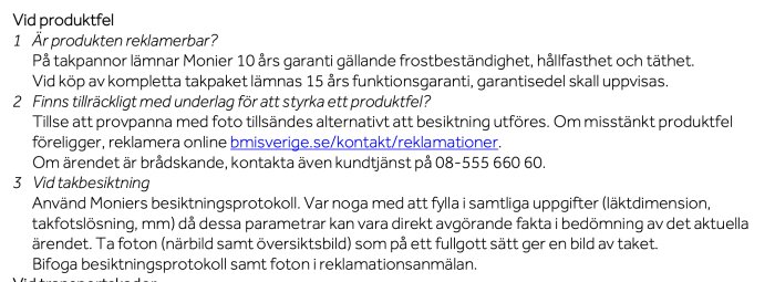 Svensk text instruerar om reklamation vid produktfel inom byggmaterial, garantier och besiktningsförfarande.