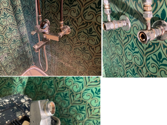 Bildcollage visar före och efter vattenledningar, rörinstallation, badrum, grön tapet, renovering.