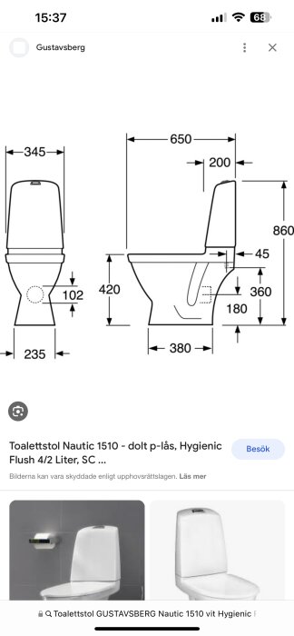 Tekniska diagram och bilder av en toalettstol med måttangivelser. Produktinformation syns nedtill.