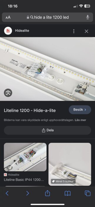 Skärmdump av mobilsökning för LED-belysning, 'Liteline 1200 - Hide-a-lite', med produktdetaljer och köpalternativ.