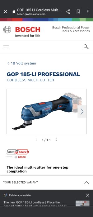 Bosch trådlös multikutter, GOP 185-LI Professional, blå, med en svart kniv-bladmontering, webbsidan layout.