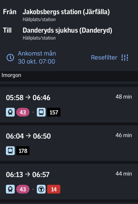 En skärmdump av en reseplanerare som visar kollektivtrafikalternativ från Jakobsbergs station till Danderyds sjukhus.