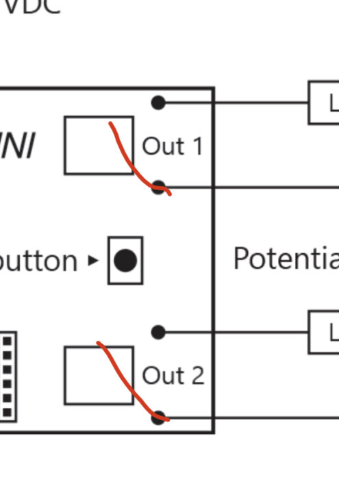 Del av ett elektriskt kretsschema med markeringar samt texten "Out 1" och "Out 2".