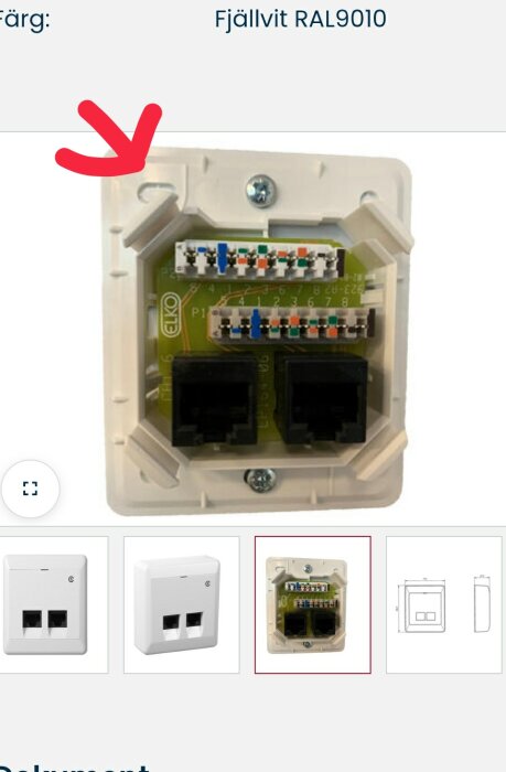 Öppen nätverksanslutningsdosa med tillkablingsmöjligheter, kretskort och RJ45-portar, vit färgbenämning ovan.