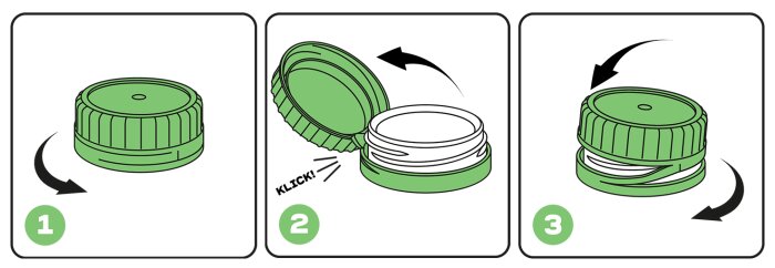 Instruktioner för att öppna och stänga en burklock med säkerhetsförsegling i tre steg.