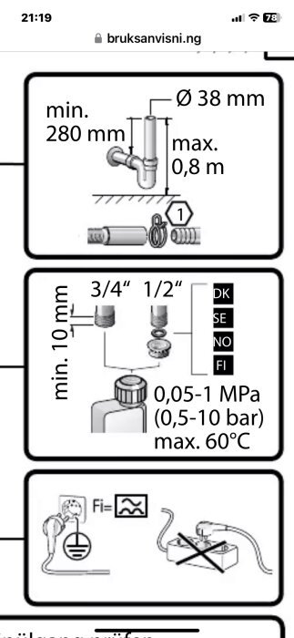 Instruktionsbild för installation av något, med tekniska mått, röranslutningar och varningssymboler för vattentemperatur och installation.