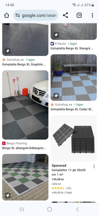 Sökresultatsida med bilder på olika golvplattor från Bergo för utomhus- och garagebruk, samt prisinformation.