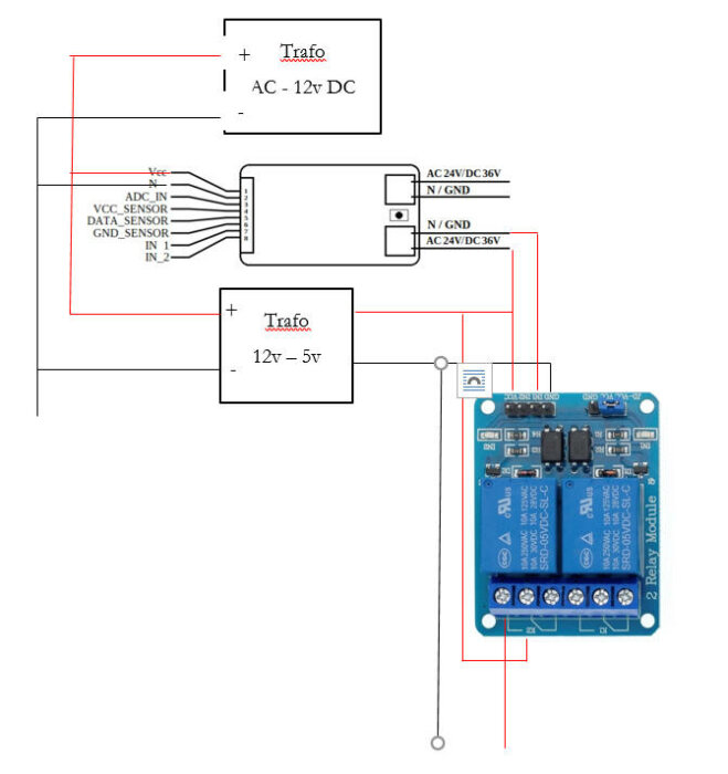 Elektriskt kopplingsschema med transformatorer, sensor, spänningskällor och ett reläkort.