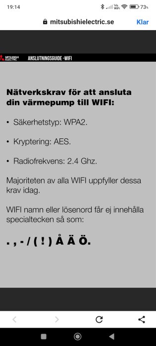 Guide för WiFi-anslutning av värmepump, krav specificerade, inga specialtecken i lösenord.