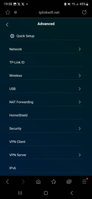 En skärmdump av en routerinställningsmeny på en mobil enhet. Innehåller alternativ som Wireless, VPN och Security.