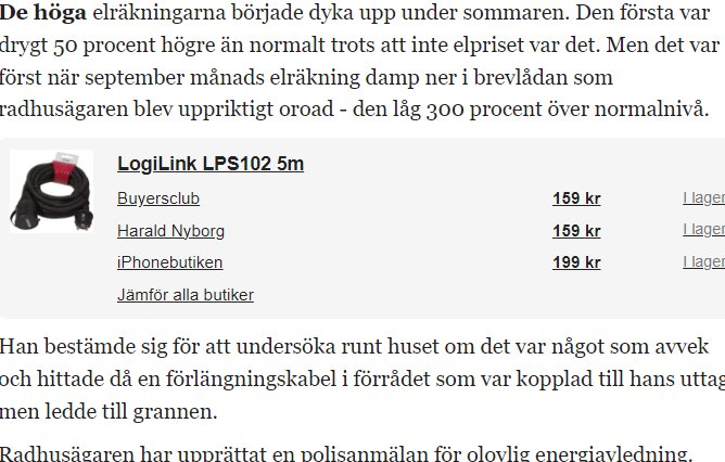 Skärmdump av text och annons. Handlar om höga elräkningar och olaglig energiavledning.