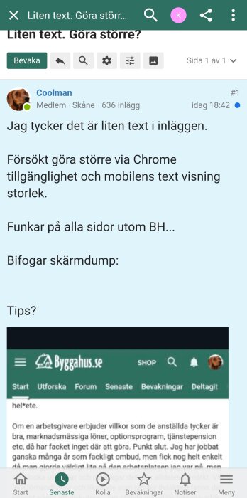 Skärmdump av forumtråd där användare diskuterar textstorlek på mobilwebbplats och efterfrågar råd.