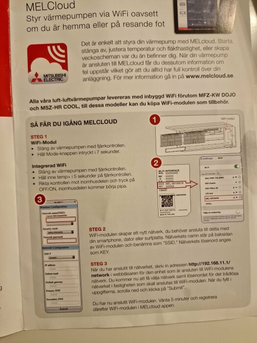 Instruktioner för att koppla en värmepump till WiFi via MELCloud, med illustrationer och steg-för-steg beskrivning.