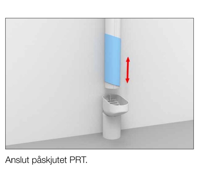 Toalett med påskjutet PRT (pappersrullställning), instruktion visar uppåtriktad montering, blåa och vita färger.