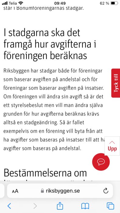 Skärmavbildning av en text som diskuterar stadgar för beräkning av avgifter i en förening.