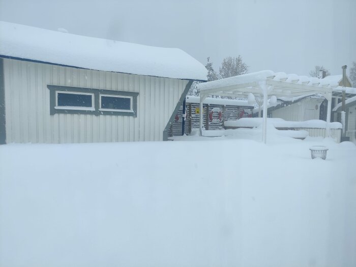 Byggnader täckta av snö, vinterlandskap, kraftigt snöfall har skapat tjocka lager på alla ytor.
