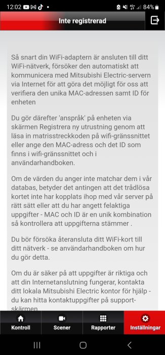 Skärmdump på en smartphone, instruktioner för registrering av WiFi-adapter, på svenska, med användargränssnitt.