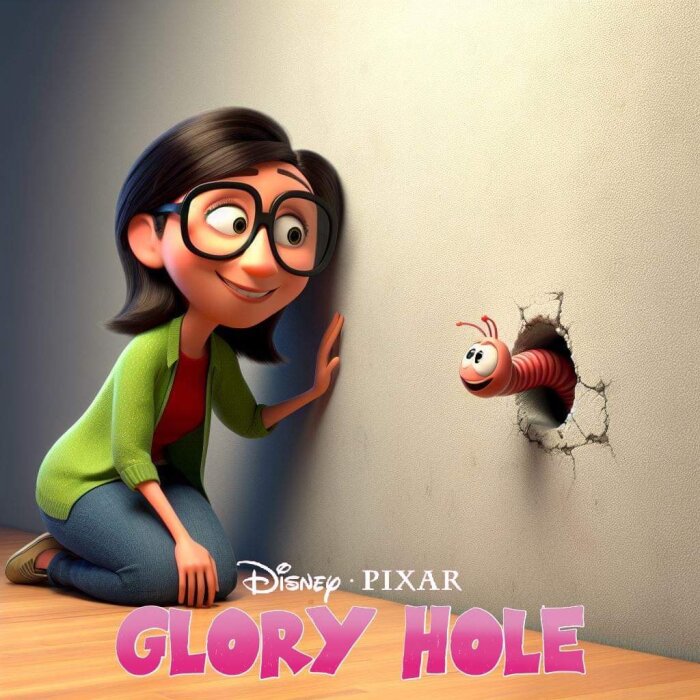 Tjej med glasögon ler åt mask i vägg; Disney Pixar logo "Glory Hole" titel; animerad bild.