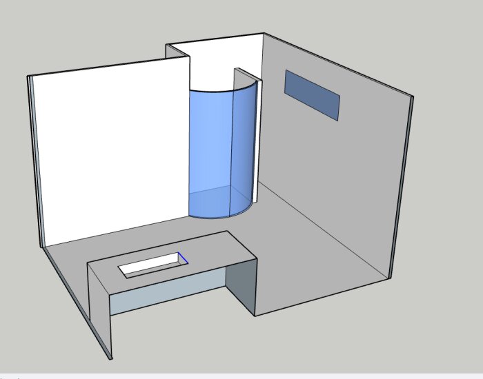 3D-modell av ett hörn med bänk, skåp och transparent cylinder. Gråskalor med blåtonat cylindriskt objekt.