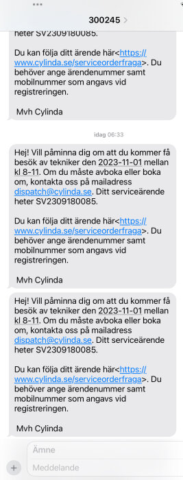 Skärmavbild av meddelanden som påminner om teknikerbesök och ger instruktioner för uppföljning.