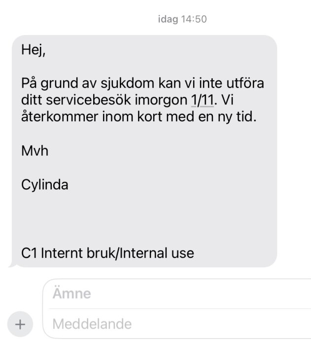 Skärmavbild av ett textmeddelande där ett företag avbokar en service på grund av sjukdom.