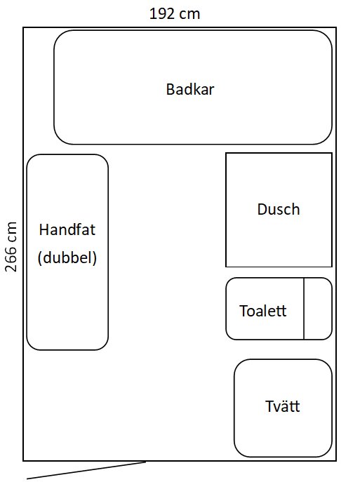 Planritning av badrum med badkar, dubbelt handfat, dusch, toalett, och tvätt. Mått angivna.