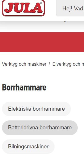 Webbsida med verktygskategorier som borrmaskiner och varumärket "JULA" överst.