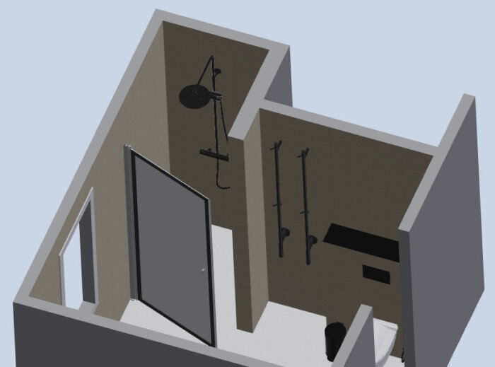 3D-modellerat rum, ingång, träningsutrustning, dörr, fönster, skivstång, mörka färger, enkel grafik.