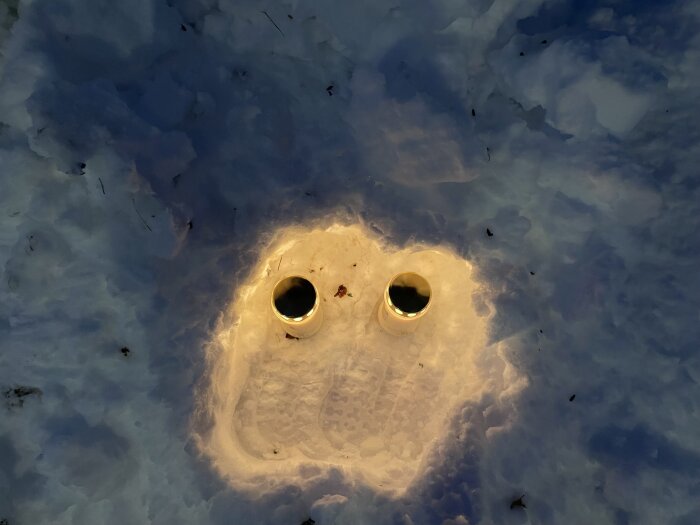Två hål i snön med ljus bakom, ser ut som ett ansikte.