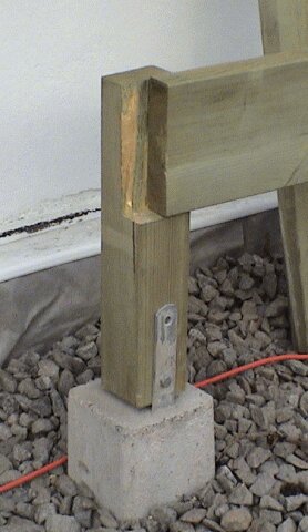 Träpelare på betongfot med metallbeslag, stenar och röd kabel synlig, inomhusmiljö med vit vägg.