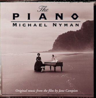 Omslag för "The Piano" soundtrack, kvinna vid flygel på strand, av Michael Nyman, film av Jane Campion.