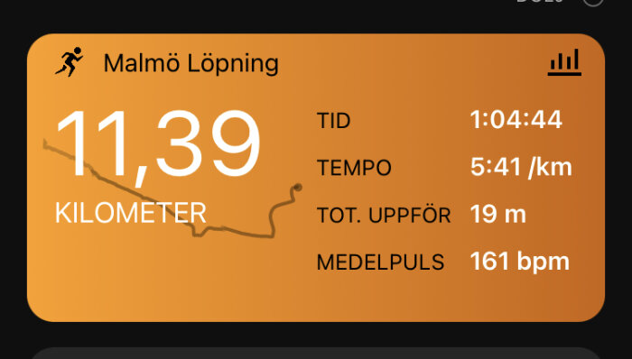 En löparaktivitetssammanfattning: 11,39 kilometer, tid 1 timme 4 minuter, tempo 5:41/km, 19 meter uppåt, medelpuls 161 bpm.