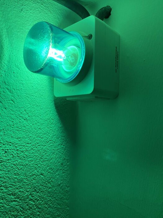 En grön nödutgångslampa tänd på en texturerad, grön vägg.