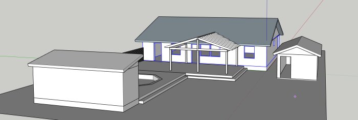 3D-ritning av hus med garage, uthus, och uteplats i ett designprogram.