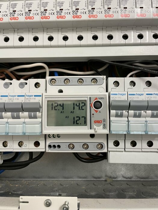 Elcentral med automatsäkringar och mätinstrument visande spänning, ström och effektförbrukning. Kablar och installation synlig.