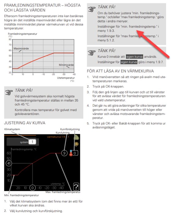 En svensk manual om temperaturinställningar och justering av värme med diagram och instruktioner.