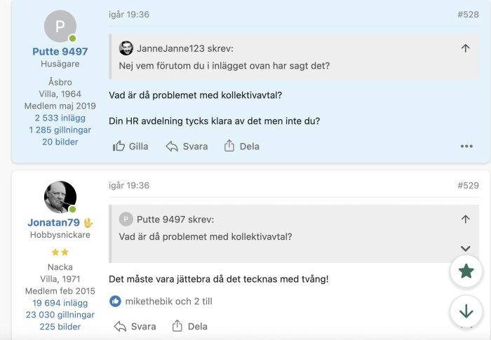 Skärmdump från ett forum, användare diskuterar kollektivavtal, inläggsdatum, profilinfo, reaktioner synliga.