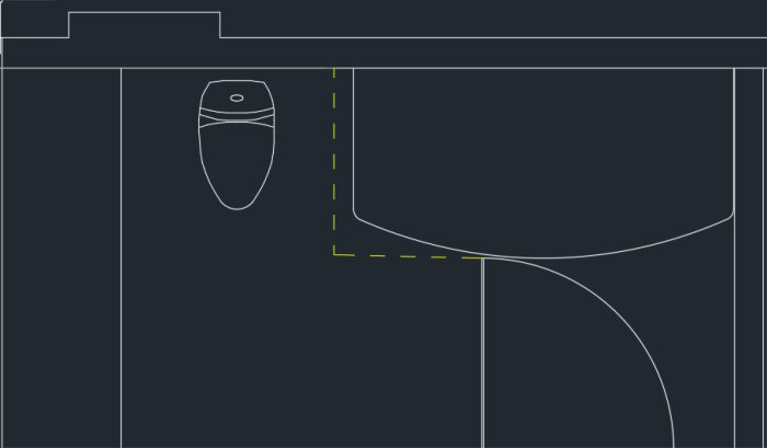 CAD-ritning av badrum med toalett, vägg, dörröppning, och utrymmeslinjer.