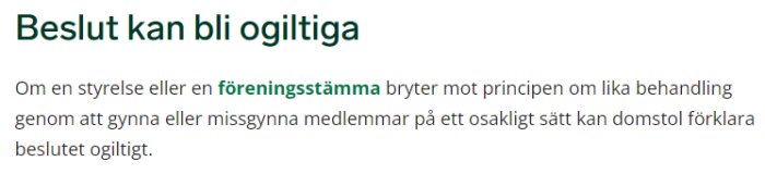 Text på svenska om beslut från styrelse eller föreningsstämma och osaklig behandling som kan leda till att beslut blir ogiltiga.