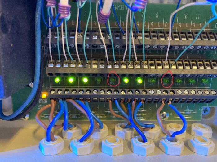 Elektrisk kopplingspanel med gröna lysdioder och färgade kablar, ett par med röda cirklar markerar något specifikt.