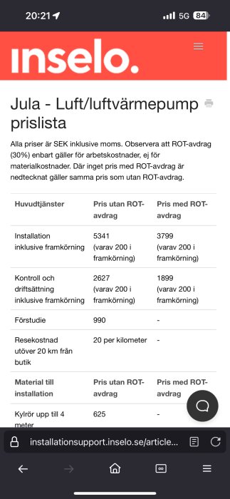 Skärmdump av en prislista från "Inselo" för luftvärmepumpinstallation, inklusive ROT-avdrag, på svenska.