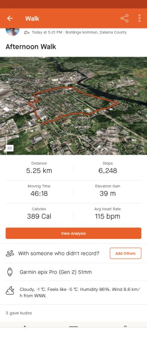 Skärmdump från aktivitetsspårningsapp visar 5,25 km promenad i Borlänge kommun, Dalarna med statistik och väderinformation.