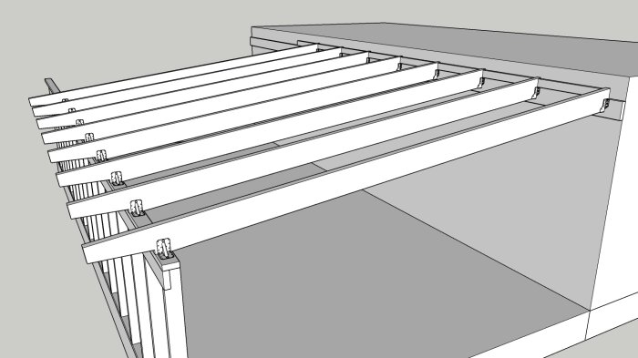 Tredimensionell skiss av en pergola med horisontella reglar monterade på stolpar, enkel och stilren design.