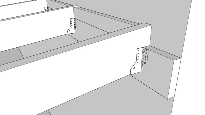 Svartvitt ritning, träkonstruktion, metallbeslag, skruvar, minimalistiskt, ingen bakgrund, detaljstudie, hörnförstärkningar, ingen text.