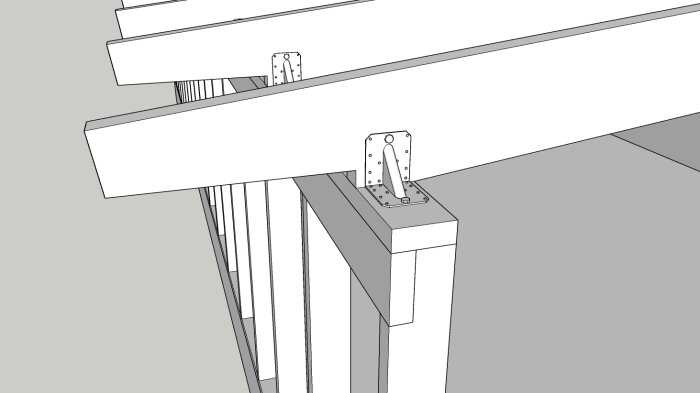 Svartvit CAD-illustration av balkar och plåtbeslag i en konstruktion.