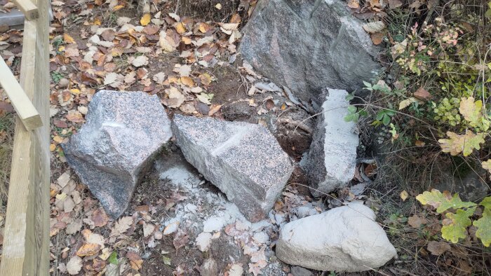 Stenblock och skräp vid skogsbryn, höstlöv på marken, trästaket i ena hörnet.