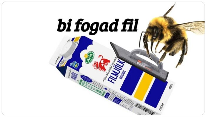 Humoristisk bild, bi med strykjärn på biljett, ordlek "bi fogad fil" som betyder befogad fil.